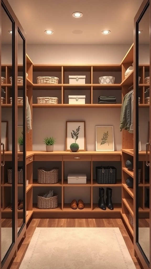 A small walk-in closet with adjustable wooden shelving, baskets, and decorative items.