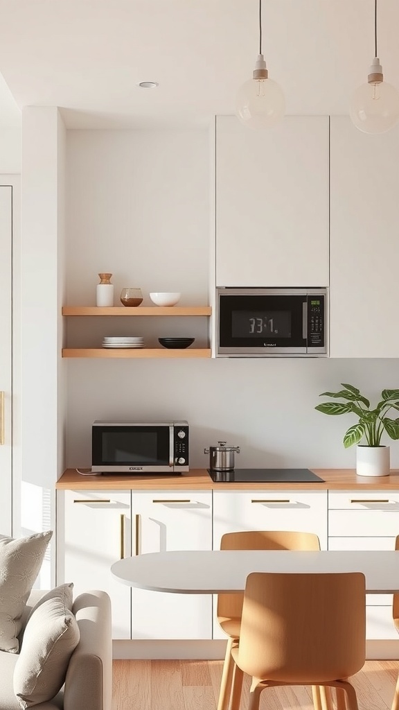 A modern small kitchen featuring compact appliances and minimalistic design.