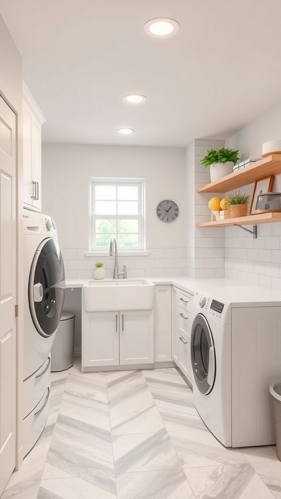 A modern basement laundry room featuring durable chevron patterned flooring, white cabinetry, and bright lighting.