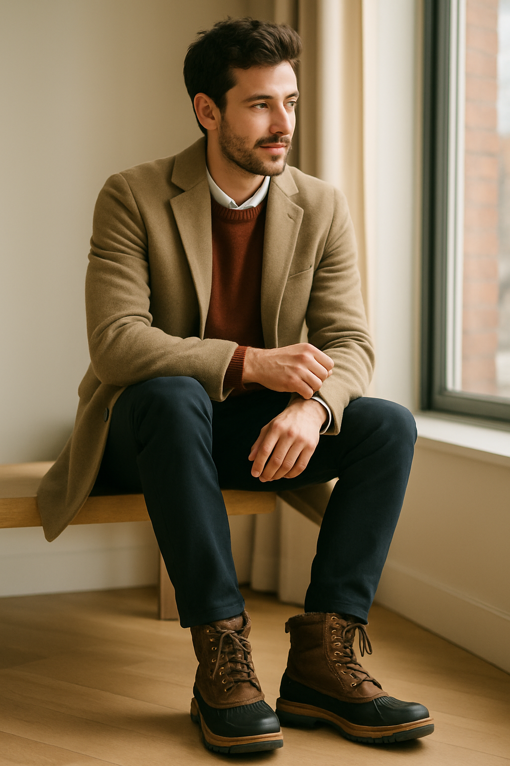 A man sitting on a bench wearing insulated waterproof boots, dressed in a stylish outfit.
