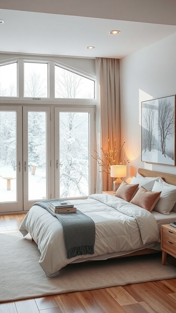 A cozy winter bedroom with large windows showing a snowy landscape, featuring soft bedding and warm decor.