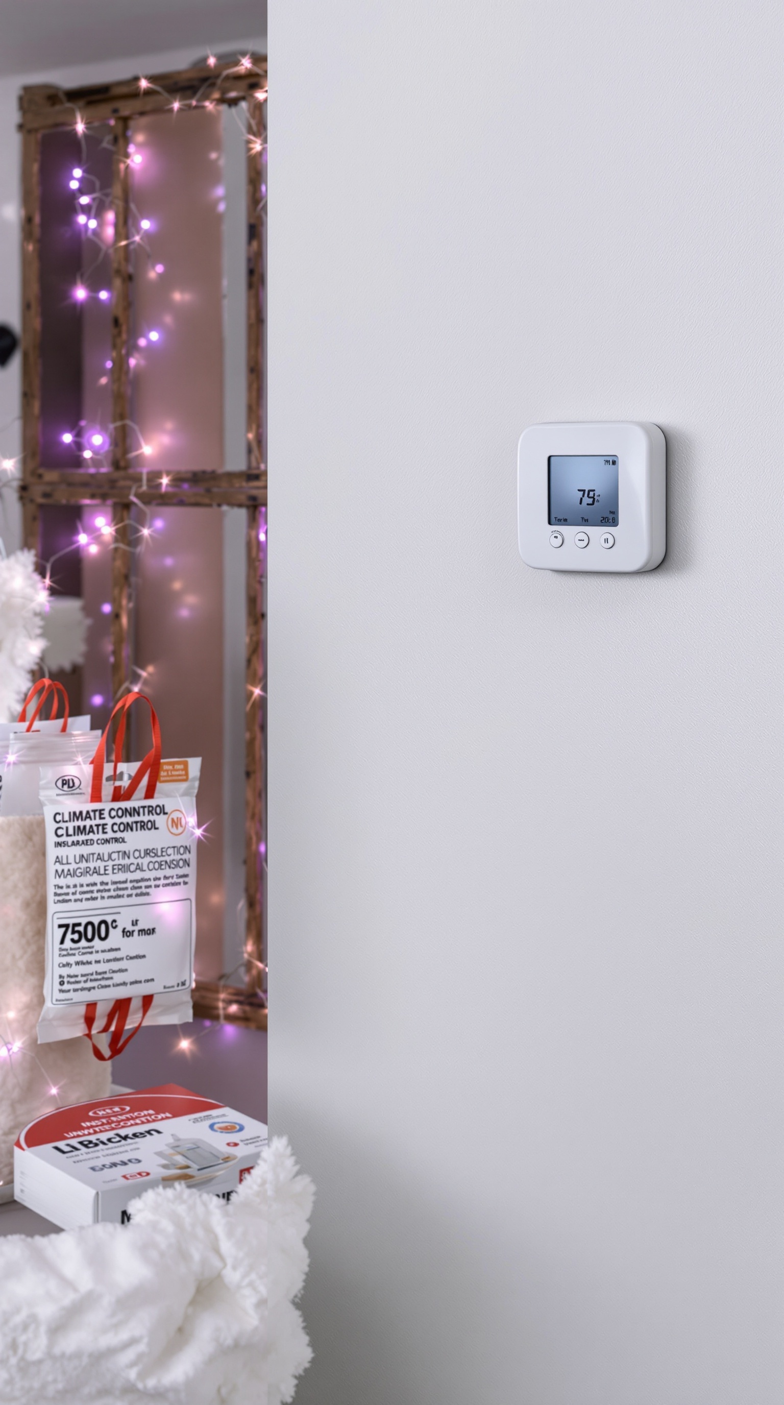 A thermostat on a wall with insulation materials visible nearby, indicating climate control solutions for a garage conversion.