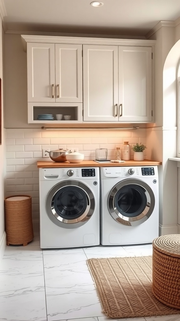 A stylish laundry room featuring integrated washing machine and dryer with white cabinetry and a wooden countertop.