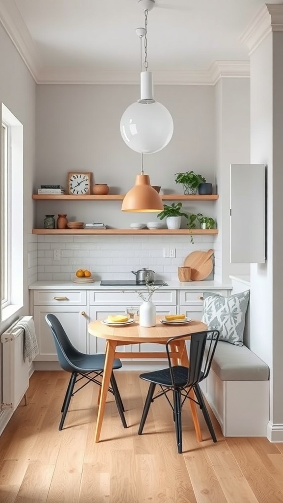 Cozy integrated dining nook in a small kitchen with a round table, chairs, and built-in bench.