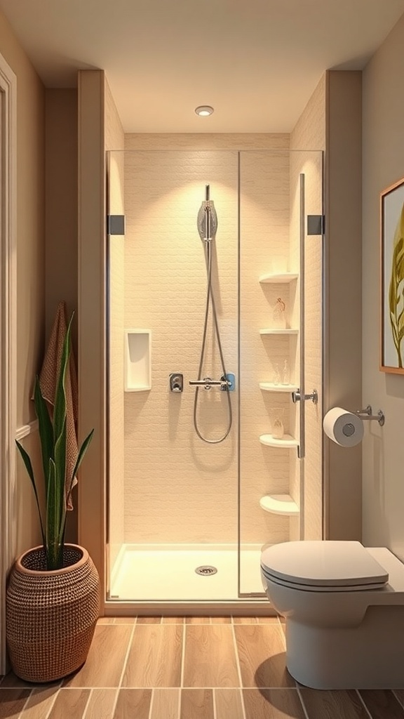 A small bathroom stand-up shower showcasing integrated lighting features that enhance the space.