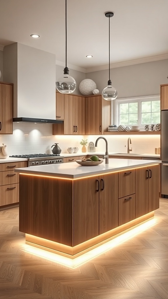 A modern kitchen with integrated lighting under the island and pendant lights above, showcasing a warm and inviting atmosphere.