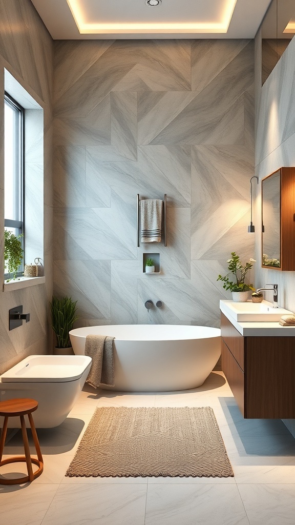 A modern luxury master bathroom featuring integrated lighting, a freestanding bathtub, and stylish decor.
