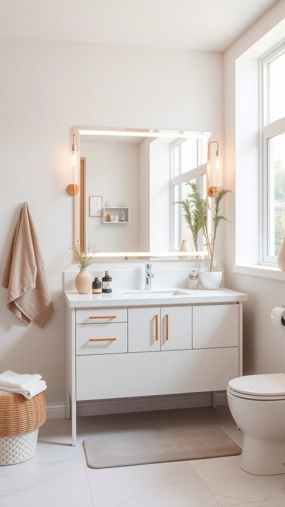 A modern bathroom vanity with integrated lighting, featuring a sleek design and warm tones.