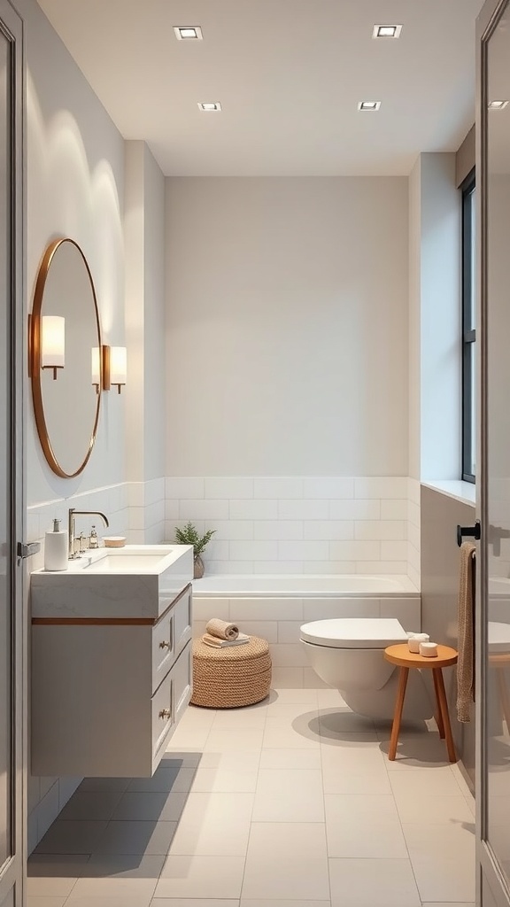A small bathroom featuring integrated lighting with recessed ceiling lights and elegant sconces by the mirror.