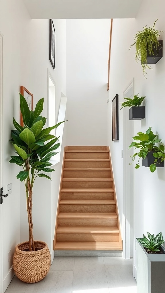 A narrow staircase with integrated planters along the walls and a large plant at the base.