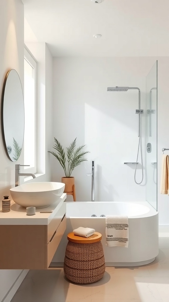 A minimalist bathroom featuring integrated technology with a modern design.