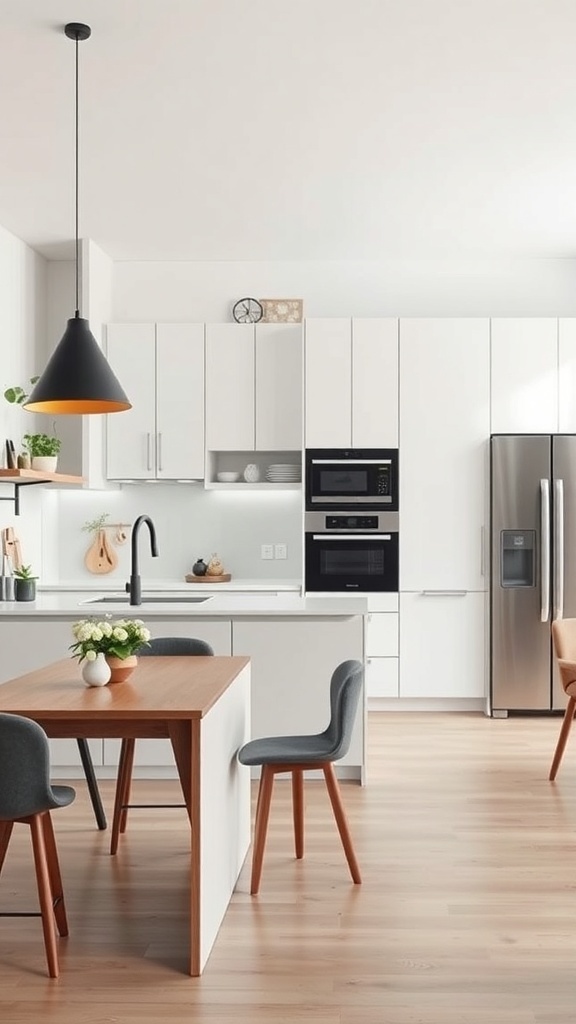 A modern kitchen featuring integrated technology with sleek appliances and a stylish design.