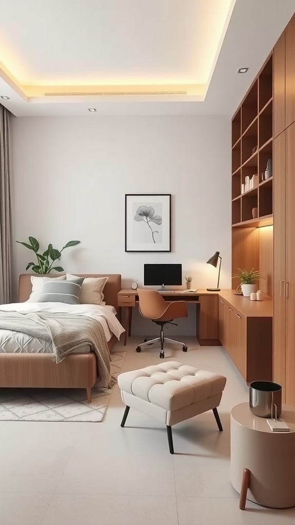 A modern bedroom featuring an integrated workspace with a desk and cozy bed.