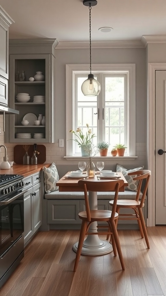 Cozy breakfast nook in a small kitchen with a round table and comfortable seating by the window.
