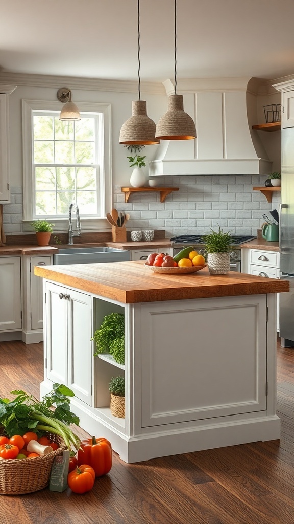 A modern kitchen featuring a well-designed island with a cutting board, surrounded by fresh vegetables and vibrant decor.