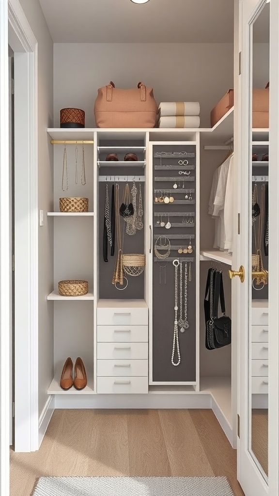 A small walk-in closet with a jewelry organizer, showcasing neatly arranged accessories and shoes.