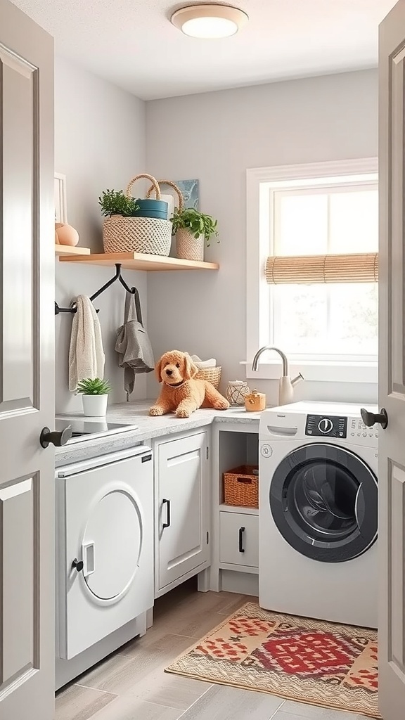 A cozy mud room laundry room combo featuring a washer, dryer, and a plush dog on the countertop.