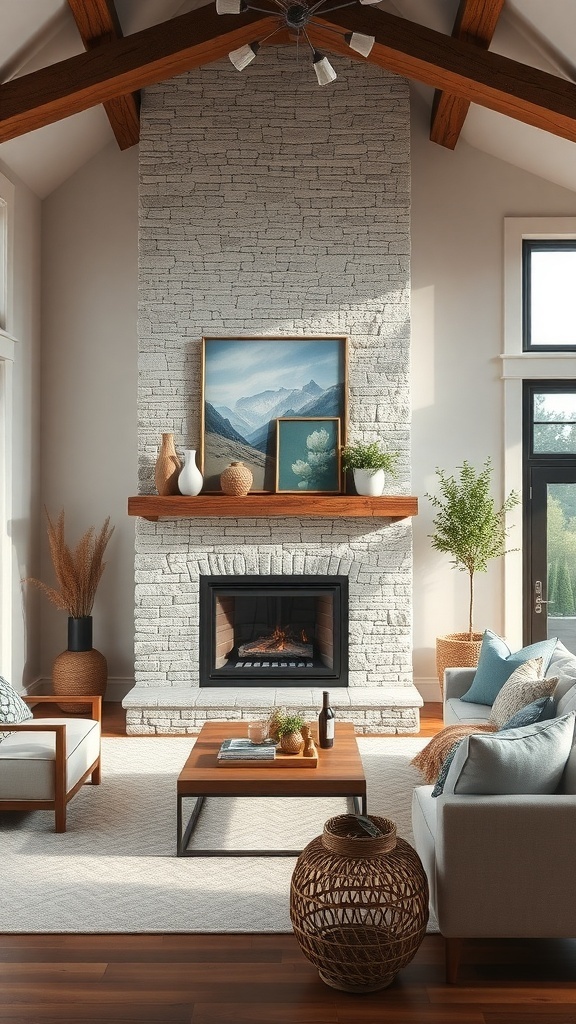 A modern living room featuring a rustic stone fireplace with a wooden mantel, surrounded by cozy furniture and decorative plants.