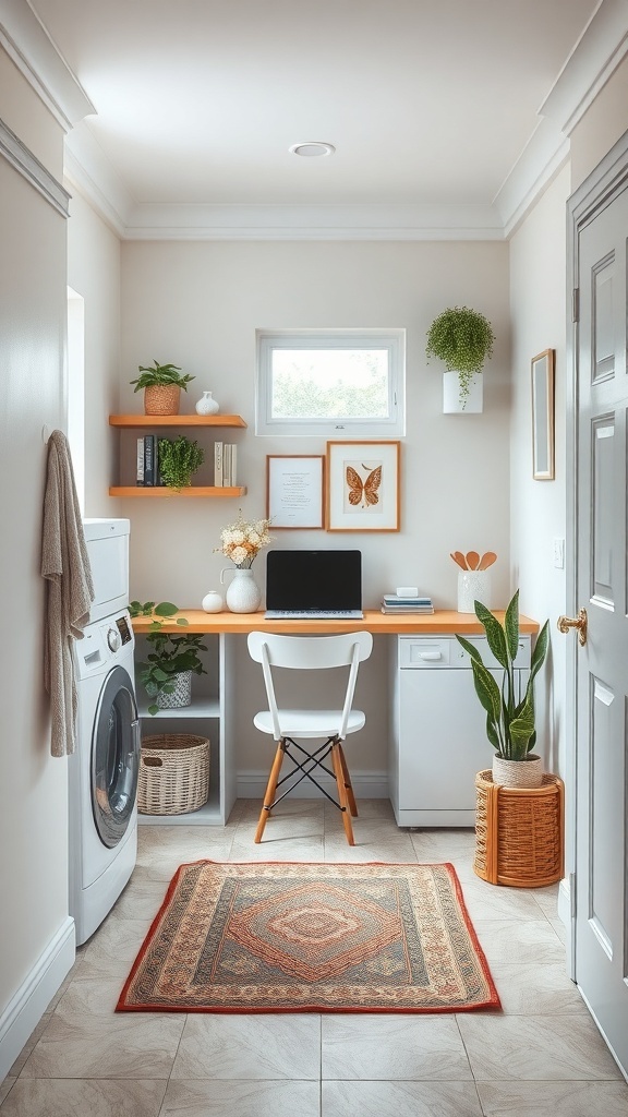 A small utility room with a desk, shelves, and a washing machine.