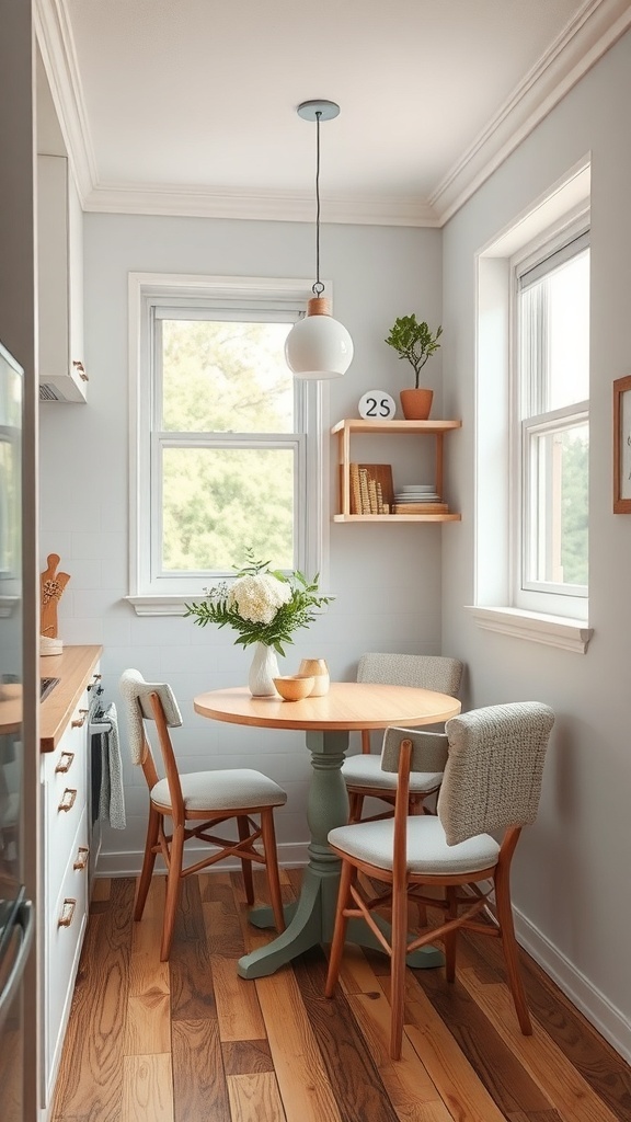 A small dining nook in a kitchen with a round table, chairs, and natural light.