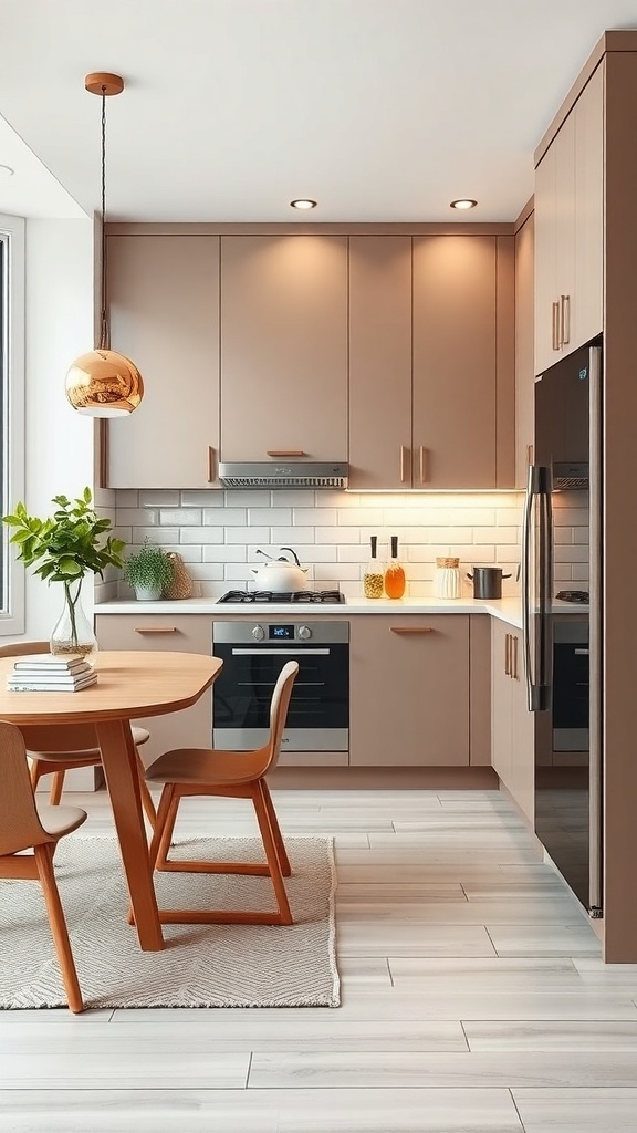 A modern kitchen with integrated appliances and warm cabinetry.