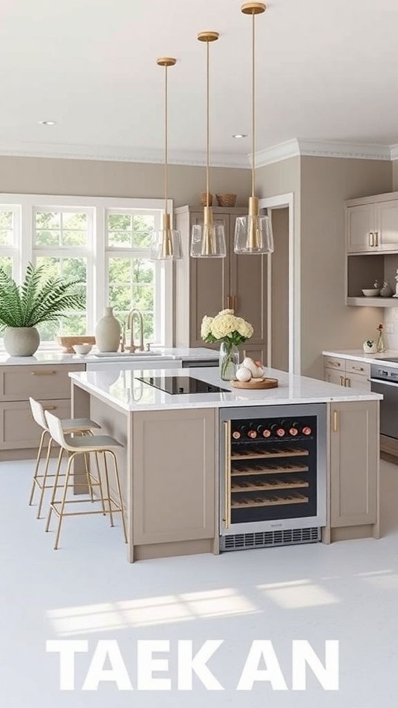 A modern galley kitchen featuring a stylish island with a wine cooler, bar stools, and elegant lighting.