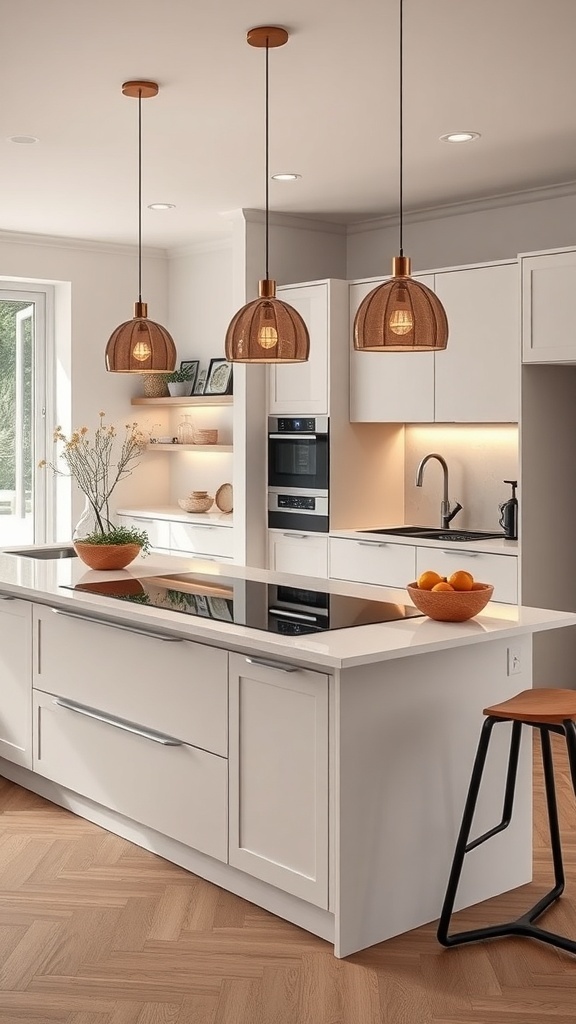 Modern kitchen island with built-in cooktop and seating