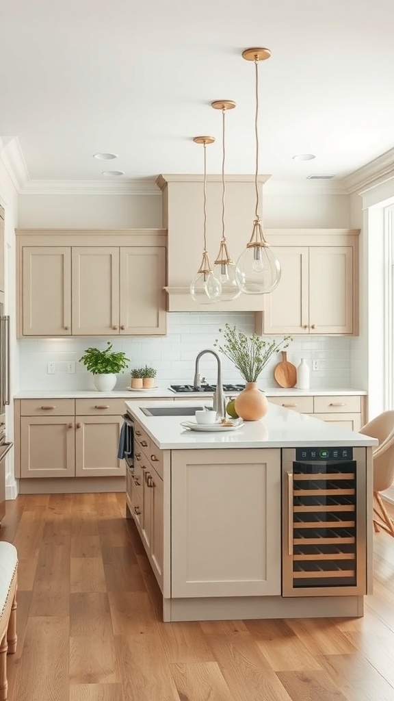 A narrow kitchen island with a built-in wine cooler and elegant pendant lighting.