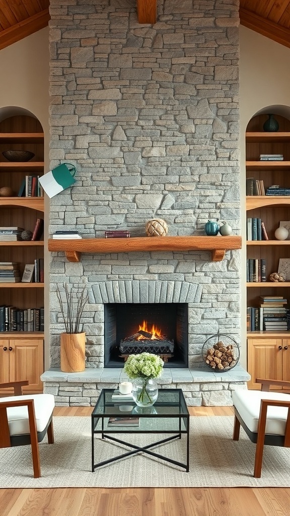 A rustic stone fireplace with built-in wooden shelving on either side, featuring a glass coffee table in front.