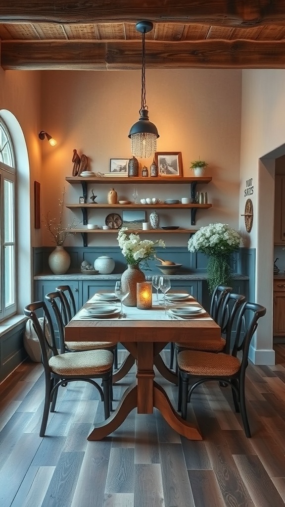 A rustic dining area with a wooden table, black chairs, and warm lighting.