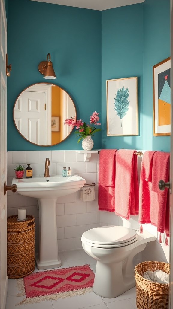 A small half bathroom featuring teal walls, pink towels, and decorative elements.