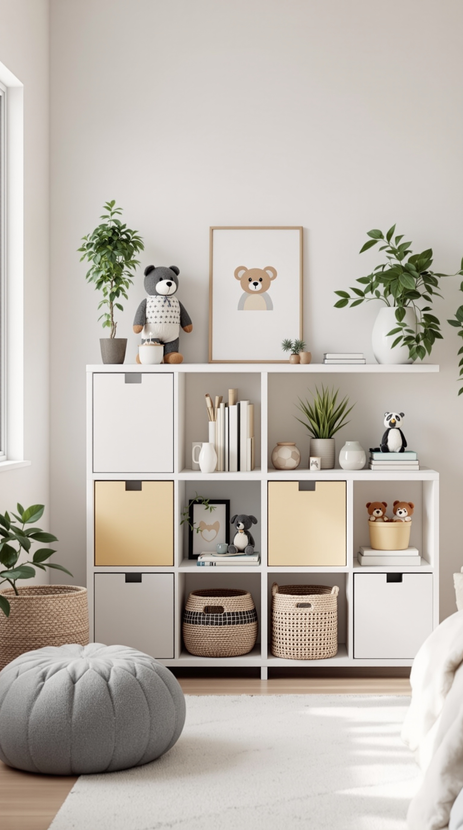 A stylish Kallax storage unit with toys and plants, complemented by a cozy pouf.
