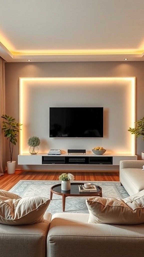 A modern living room with a TV feature wall, enhanced by warm LED lighting and stylish decor.