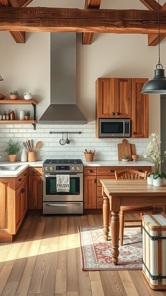 A rustic kitchen featuring wooden cabinets, modern stainless steel appliances, and an inviting atmosphere.