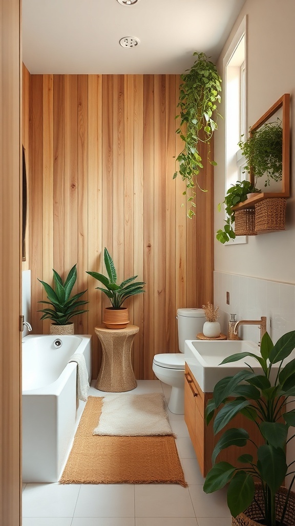 A narrow bathroom featuring wooden walls, plants, and a cozy layout