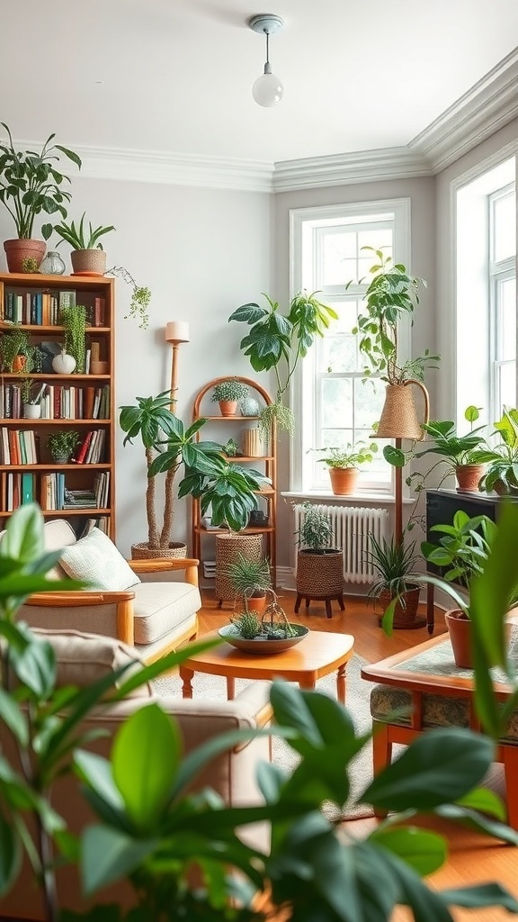 A cozy home library filled with various houseplants and wooden furniture.