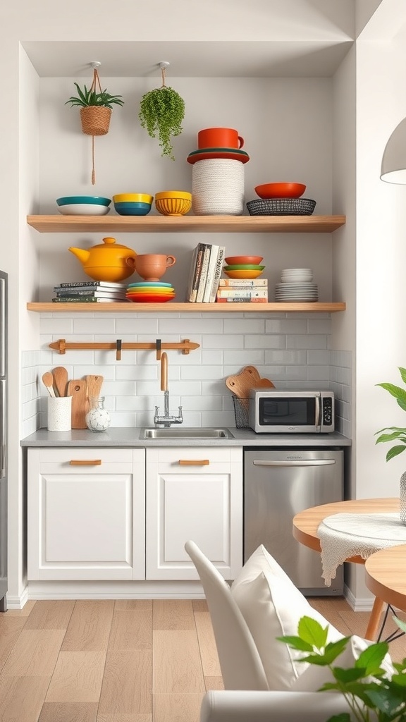 A modern apartment kitchen featuring open shelving with colorful dishes and plants.