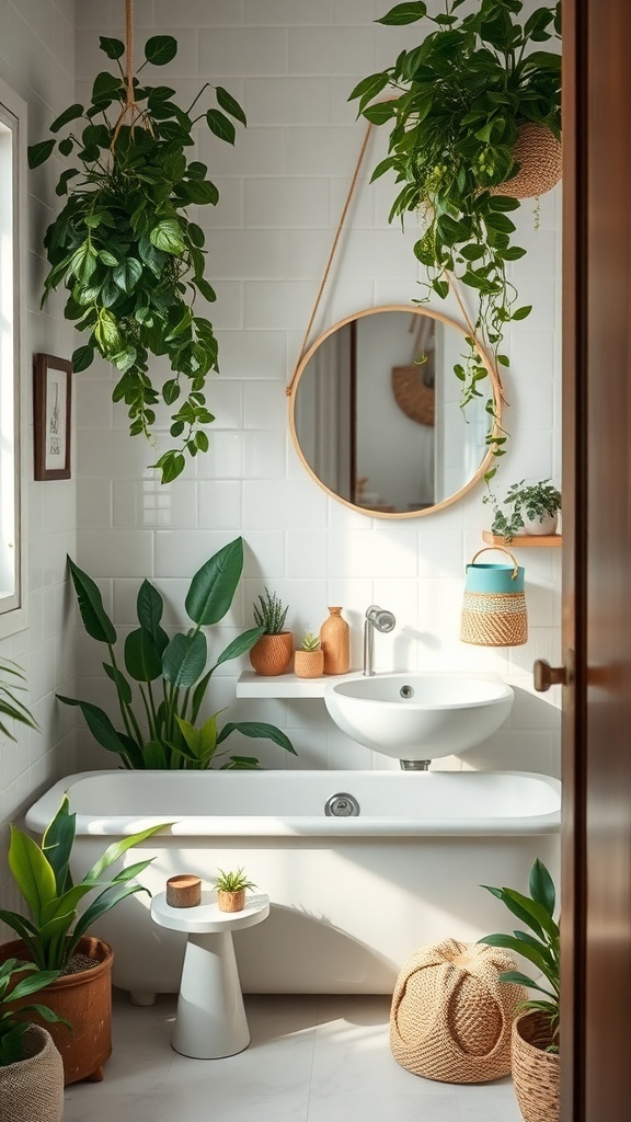A bright bathroom featuring various plants, including hanging and potted options, creating a fresh atmosphere.