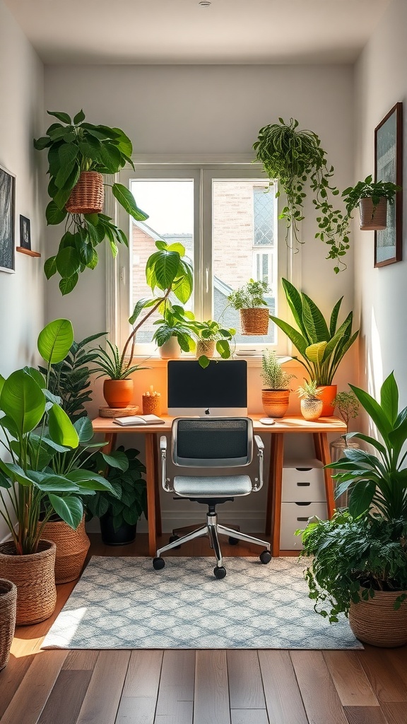 A small home office filled with various plants, featuring a desk with a computer and natural light from a window.