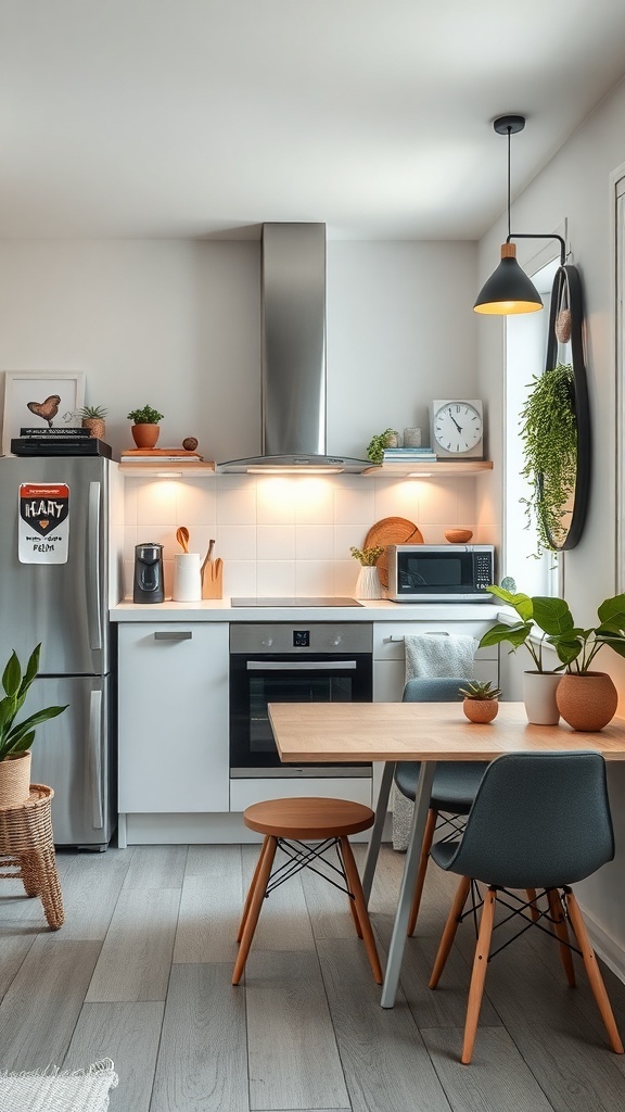 A modern small kitchen featuring stainless steel appliances, a wooden dining table, and plants.