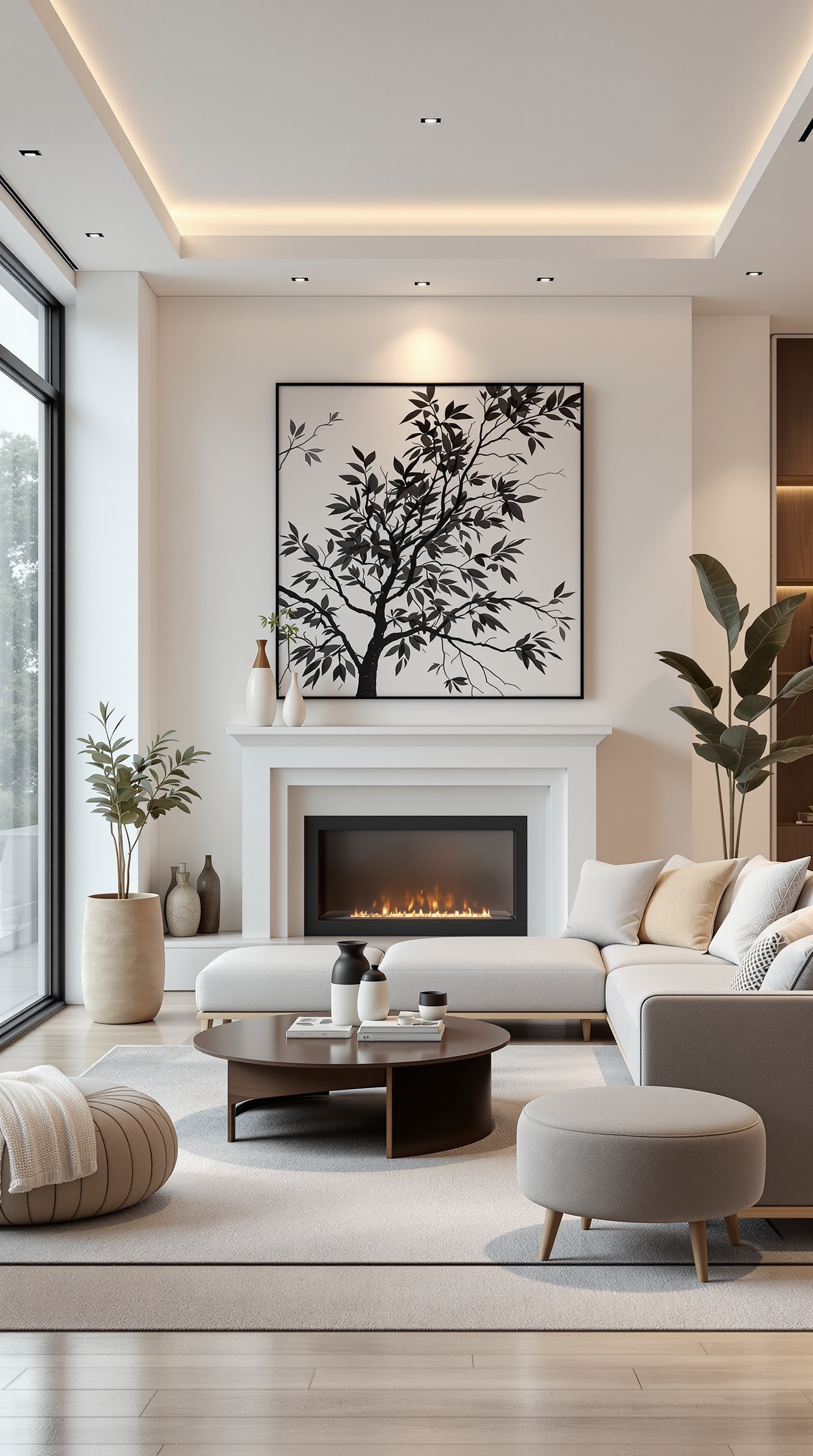 A modern living room with a fireplace, large windows, and contemporary furniture.