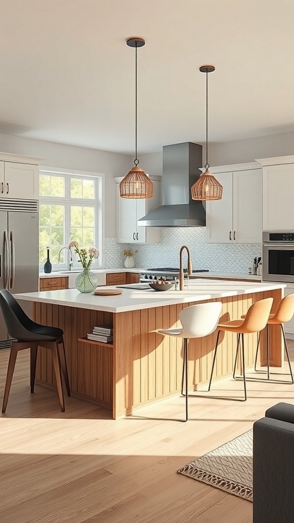A modern kitchen island with seating, featuring pendant lights and a stylish design.
