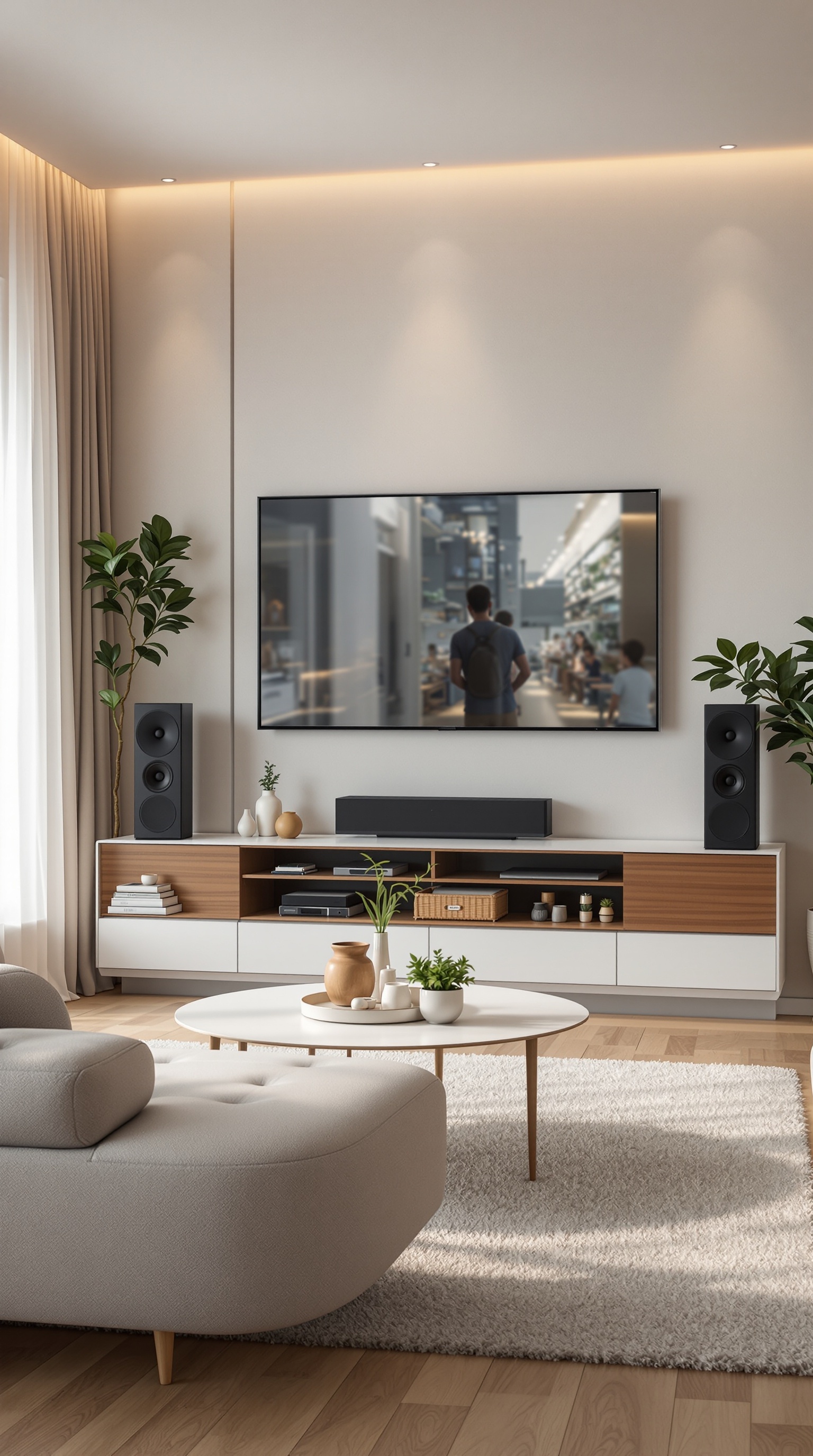 A modern family living room featuring a wall-mounted TV, stylish speakers, a cozy couch, and decorative plants.