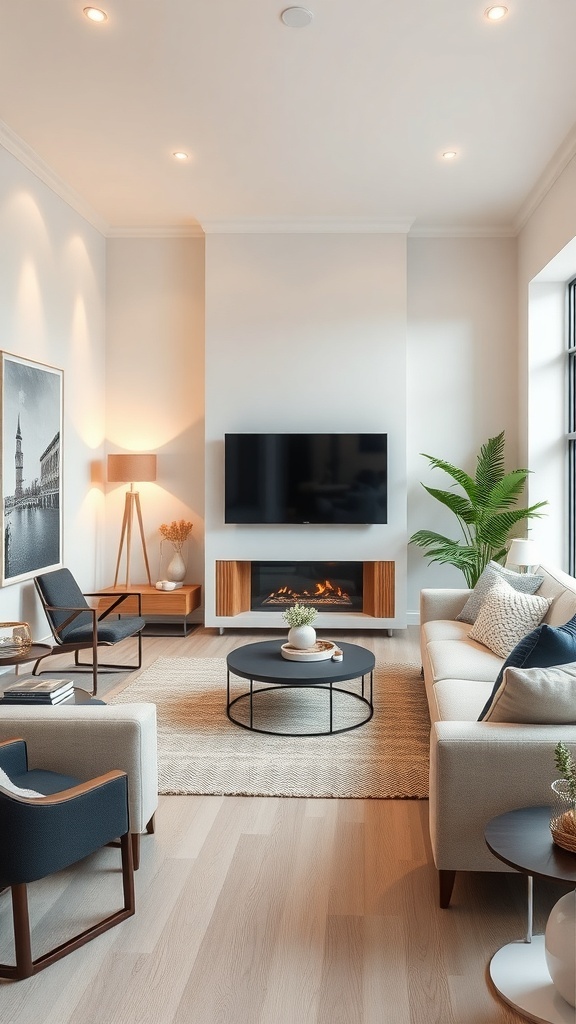 A cozy Scandinavian living room featuring a mounted TV, modern fireplace, and stylish furniture.