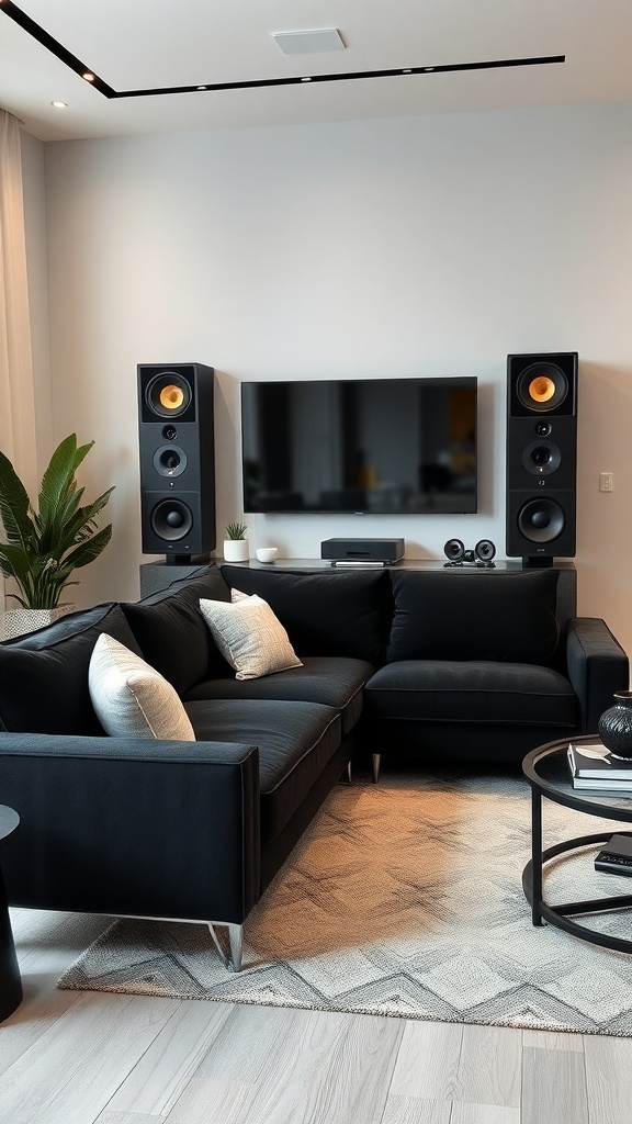 A modern living room featuring a black couch, large TV, and audio speakers, with a plant in the corner.