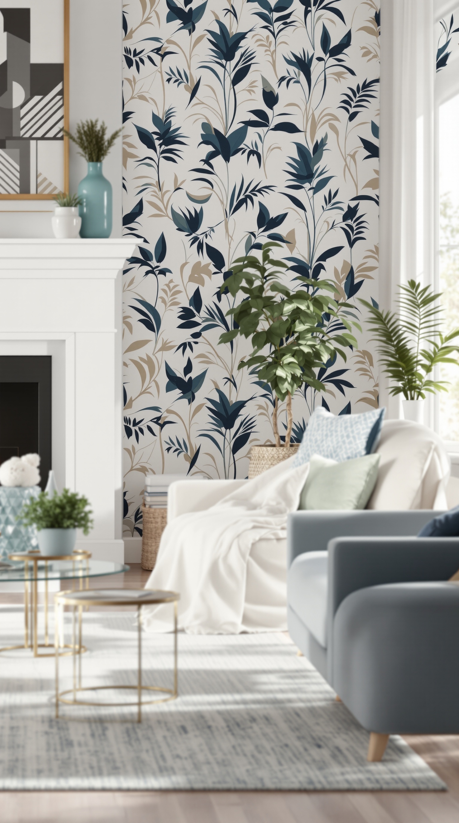 A cozy living room featuring floral wallpaper, a blue sofa, and plants.