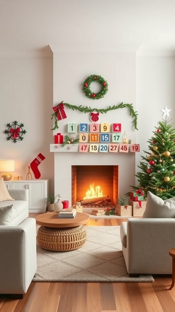 Cozy Christmas living room with an interactive advent calendar, a decorated tree, and a warm fireplace.