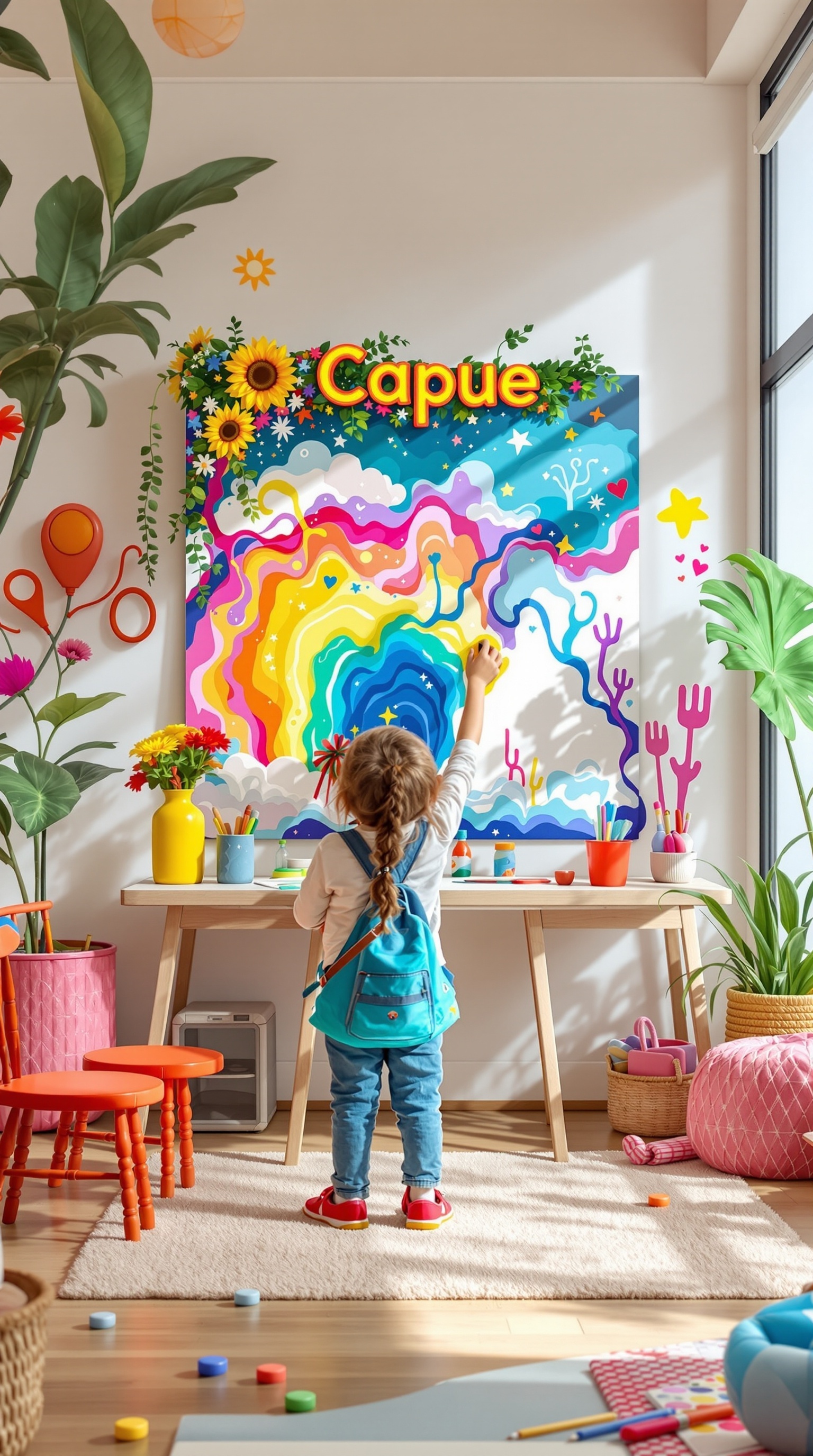 A child painting on a colorful mural in a bright, playful room with art supplies.