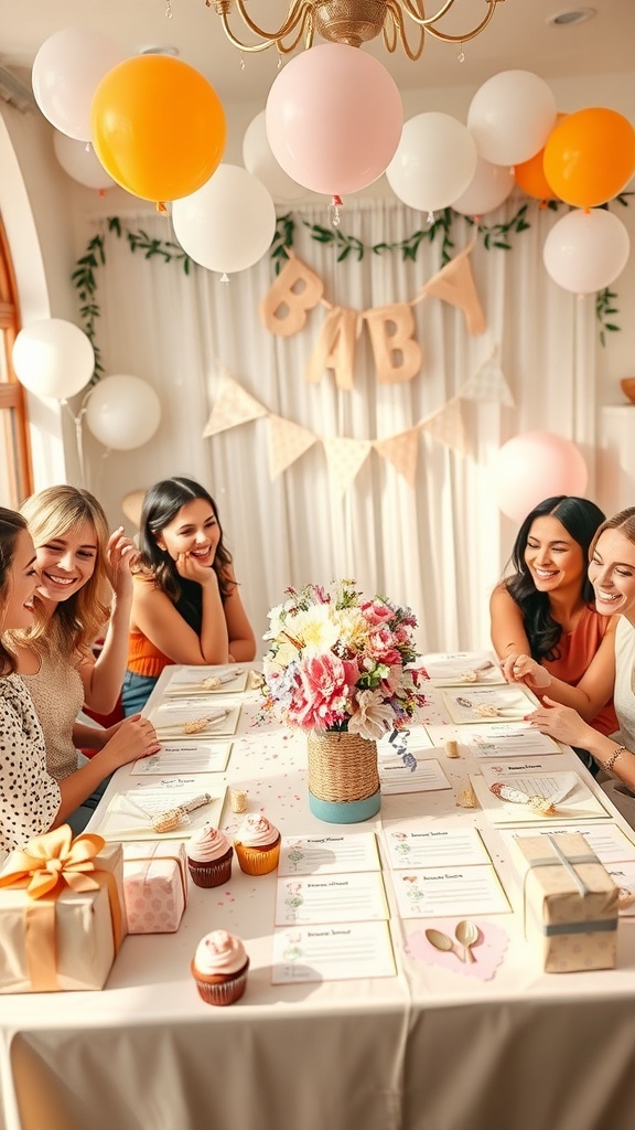 A group of friends at a baby shower, engaging with interactive baby prediction cards on a decorated table.