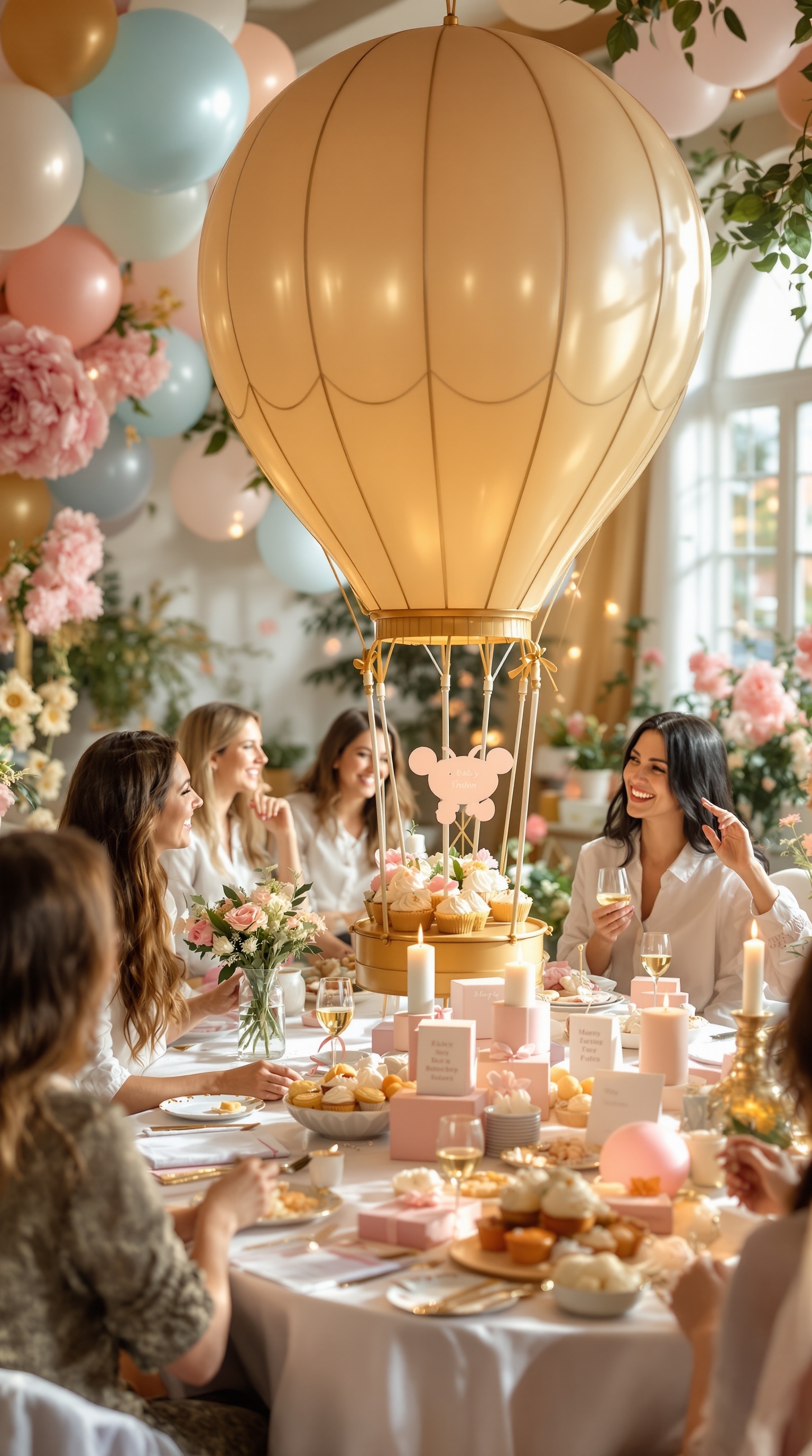 A beautifully decorated table for a hot air balloon baby shower with guests enjoying the celebration.